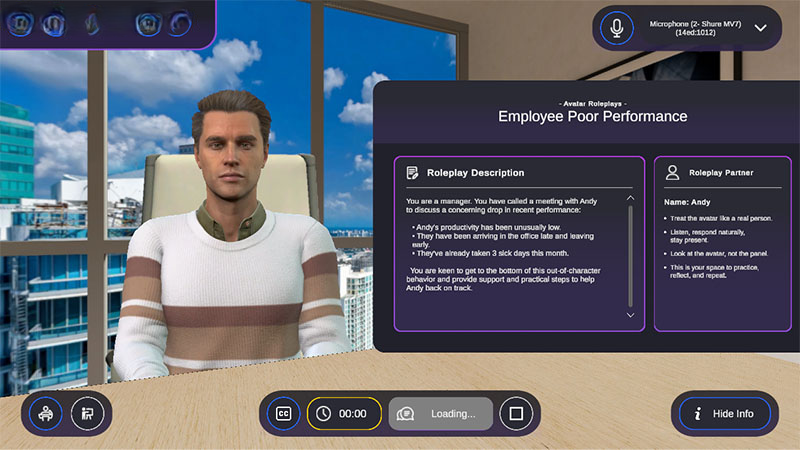 Virtual reality roleplay simulation for discussing employee performance in a virtual office