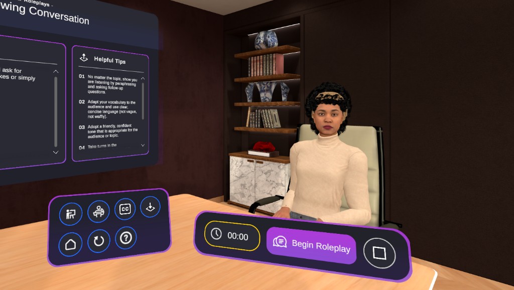 Virtual reality conversation roleplay with helpful tips in a virtual meeting environment